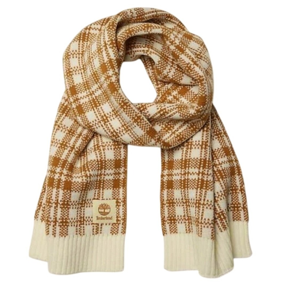 Timberland Plaid Scarf Knit Winter Warm Cream Brown Soft NWT‎ $60